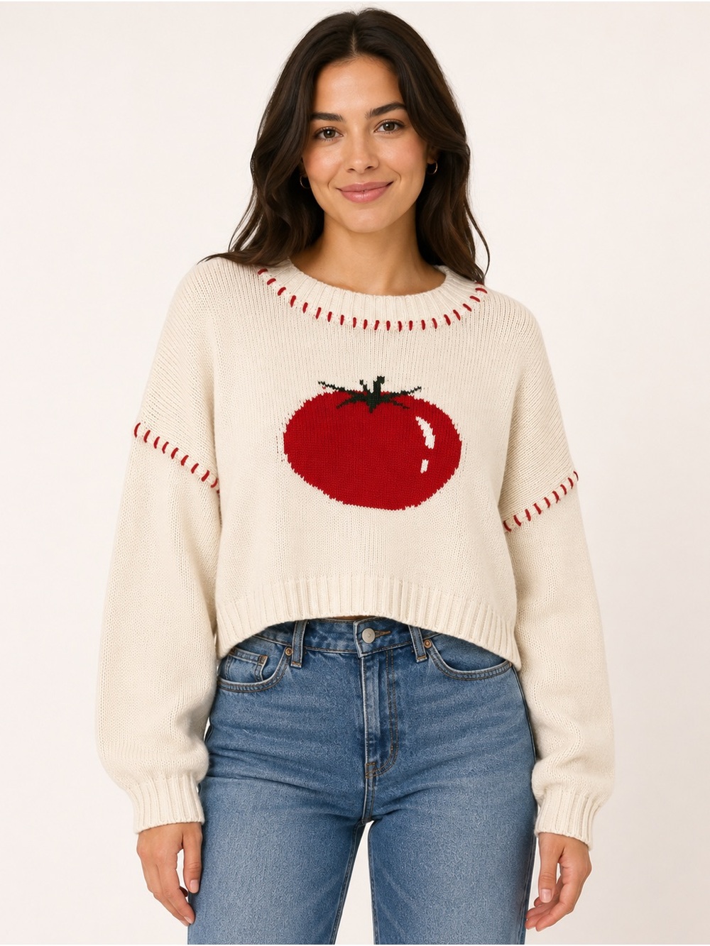 Moon & Madison Whimsical Tomato Graphic Cropped Knit Sweater Cream Red M